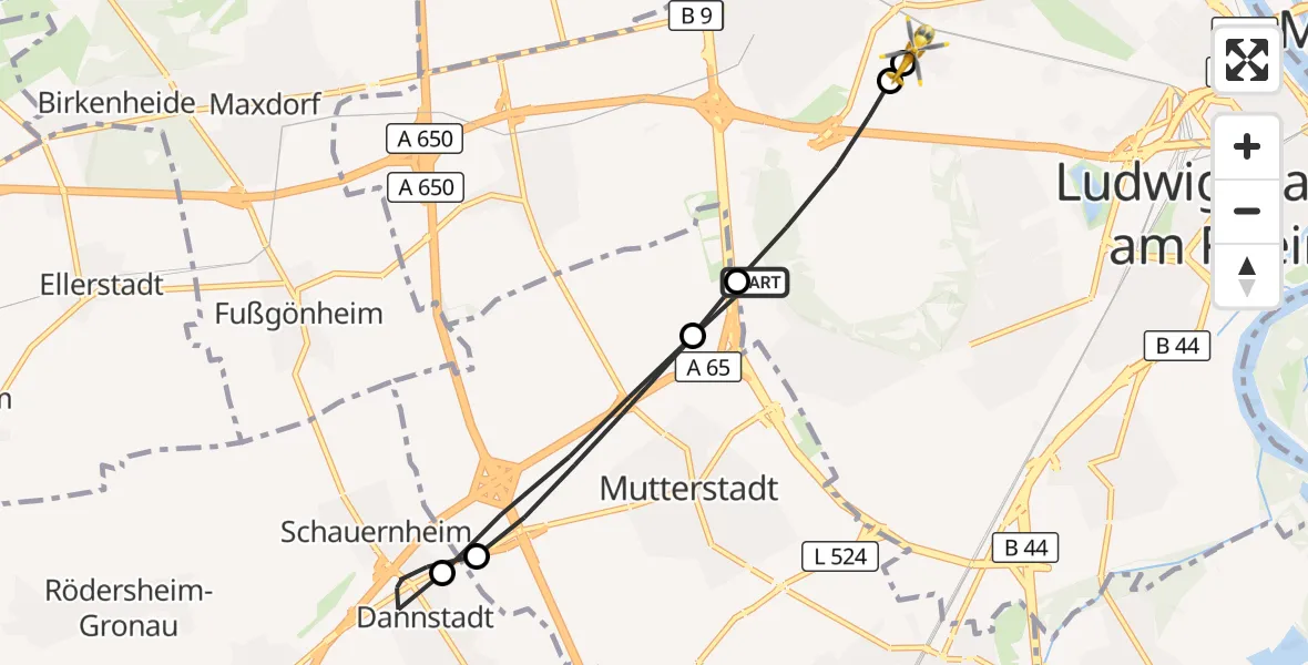 Flugroute Rettungshubschrauber Ludwigshafen am Rhein - Ludwigshafen Accident Hospital, 09 Juli 2026, 12:58