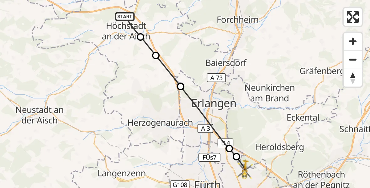 Flugroute Ambulanzhubschrauber Höchstadt a.d.Aisch - Flughafen Nuremberg, 09 Juli 2026, 13:08