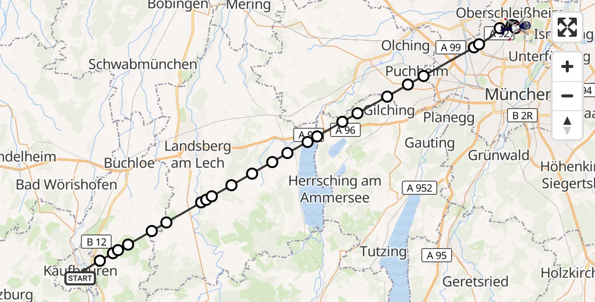 Flugroute Polizeihubschrauber Kaufbeuren - Oberschleißheim, 09 Juli 2026, 13:08