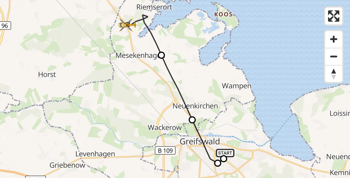 Flugroute Rettungshubschrauber Greifswald Hospital - Mesekenhagen, 09 Juli 2026, 13:15