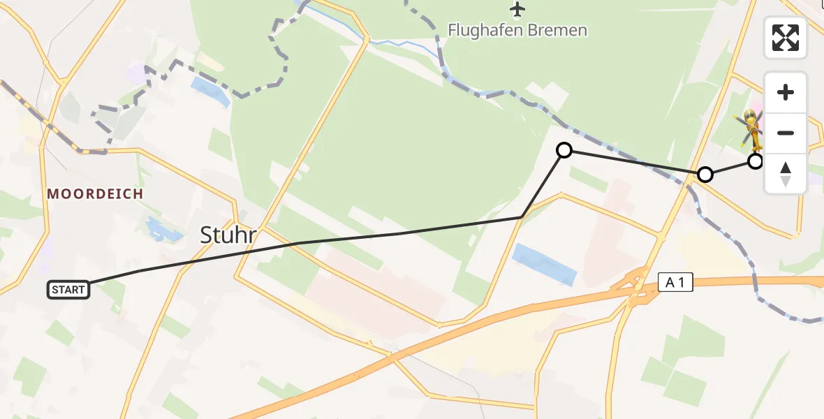Flugroute Rettungshubschrauber Stuhr - ADAC Air Rescue Station Bremen Hubschrauberlandeplatz (Christoph 6), 09 Juli 2026, 13:20