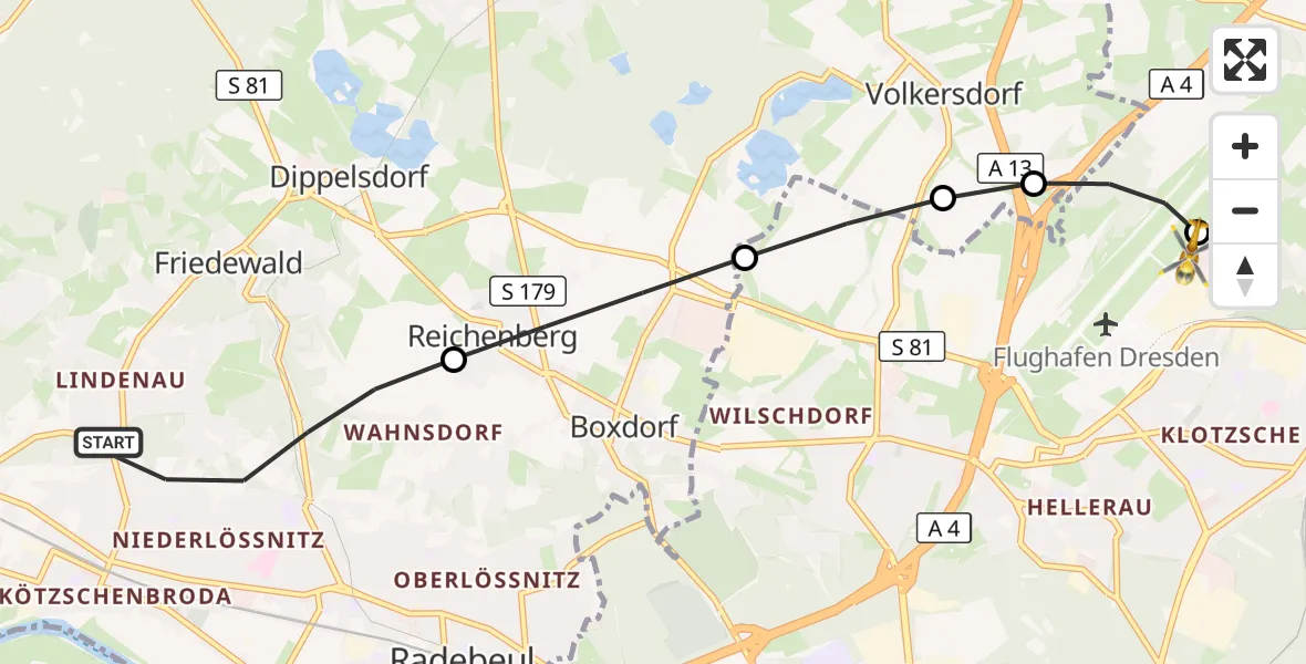 Flugroute Rettungshubschrauber Radebeul - Dresden Bundespolizei Hubschrauberlandeplatz, 09 Juli 2026, 13:20