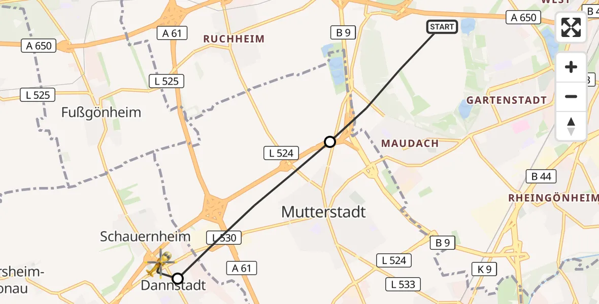 Flugroute Rettungshubschrauber Ludwigshafen am Rhein - Dannstadt-Schauernheim, 09 Juli 2026, 13:22
