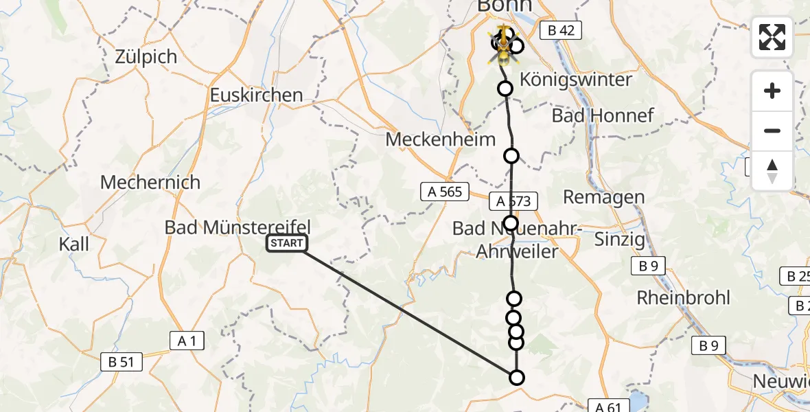 Flugroute Rettungshubschrauber Bad Münstereifel - Bonn University Hospital, 09 Juli 2026, 13:25