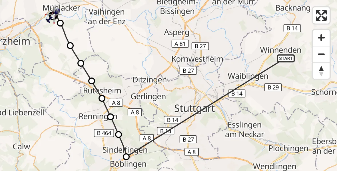 Flugroute Polizeihubschrauber Winnenden - Hangensteiner Hof Flugplatz, 09 Juli 2026, 13:26
