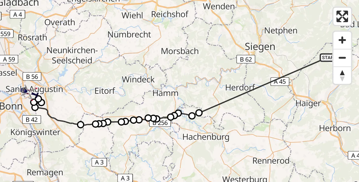 Flugroute Polizeihubschrauber Dietzhölztal - Sankt Augustin, 09 Juli 2026, 13:27