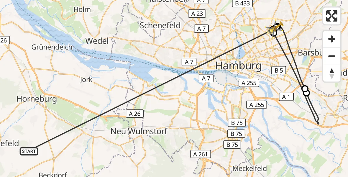 Flugroute Rettungshubschrauber Harsefeld - Hamburg Military Hospital, 09 Juli 2026, 13:34
