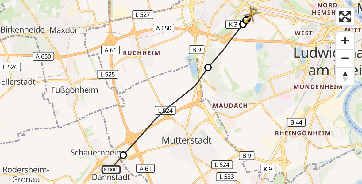 Flugroute Rettungshubschrauber Dannstadt-Schauernheim - Ludwigshafen Accident Hospital, 09 Juli 2026, 13:40