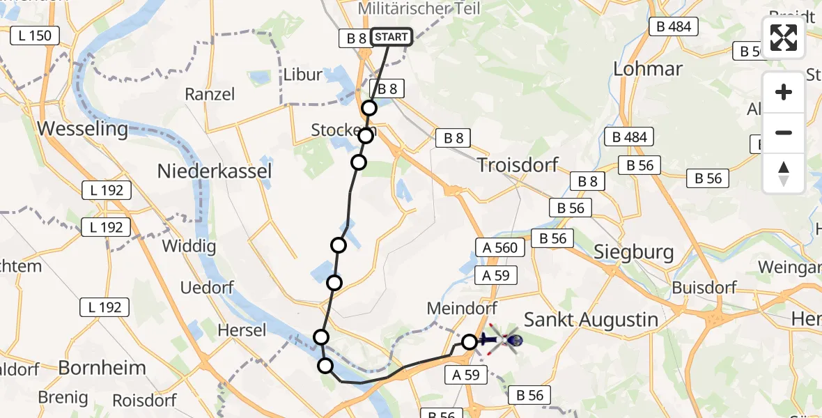 Flugroute Polizeihubschrauber Köln - Sankt Augustin, 09 Juli 2026, 13:40