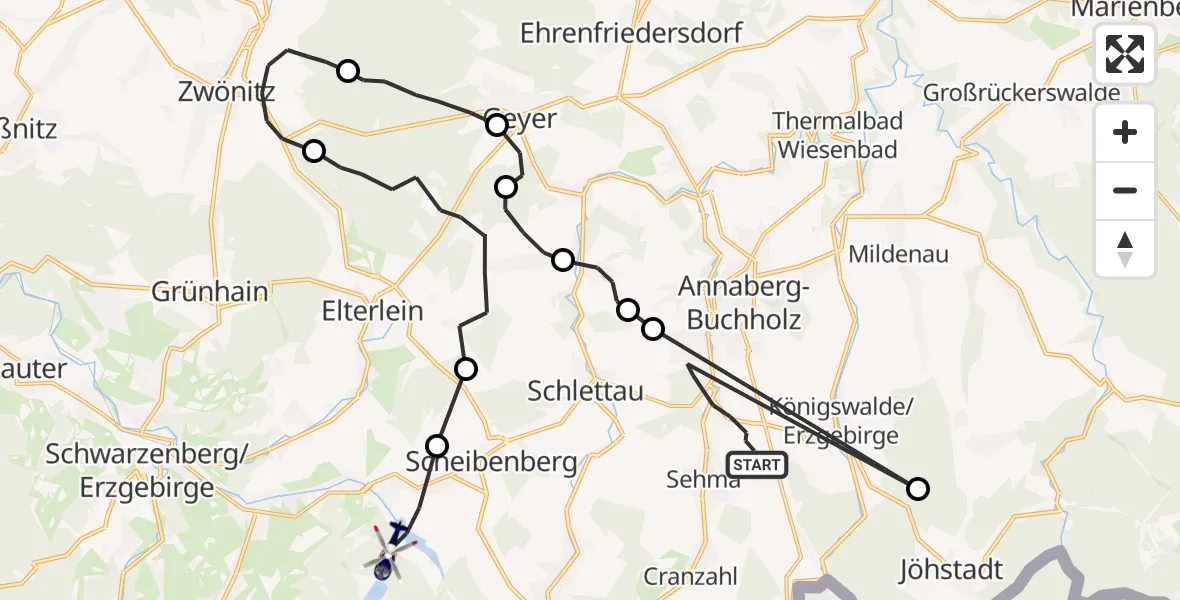 Flugroute Polizeihubschrauber Annaberg-Buchholz - Raschau-Markersbach, 09 Juli 2026, 13:43