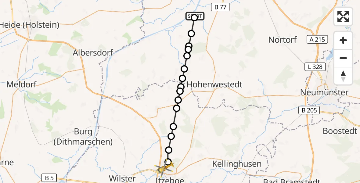 Flugroute Ambulanzhubschrauber Hörsten - Itzehoe, 09 Juli 2026, 13:44