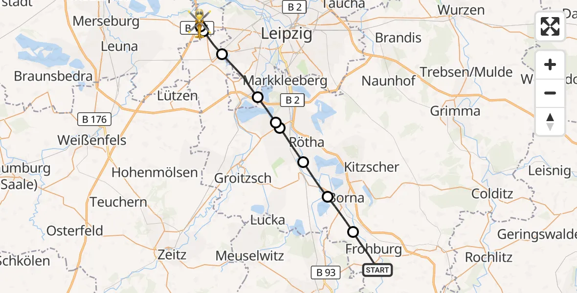 Flugroute Rettungshubschrauber Frohburg - ADAC Air Rescue Station Leipzig/Schkeuditz-Dölzig Hubschrauberlandeplatz (Christoph 61), 09 Juli 2026, 13:54