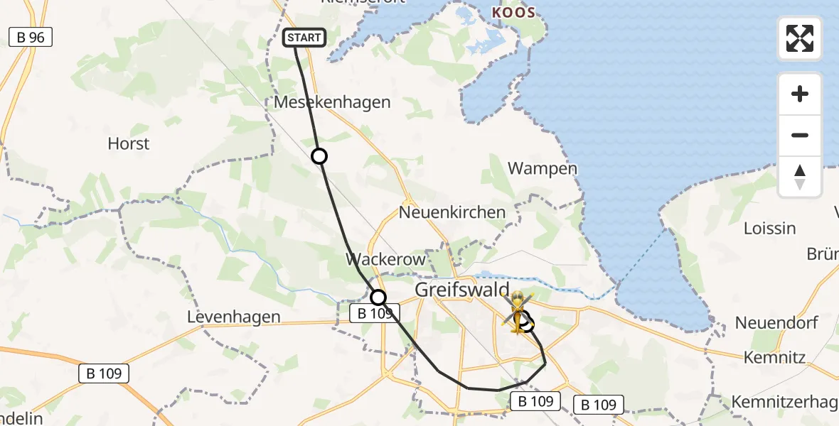 Flugroute Rettungshubschrauber Mesekenhagen - Greifswald Hospital, 09 Juli 2026, 13:55