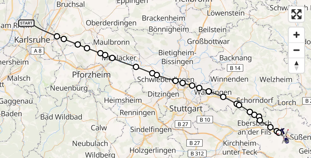 Flugroute Polizeihubschrauber Karlsruhe - Göppingen, 09 Juli 2026, 13:56