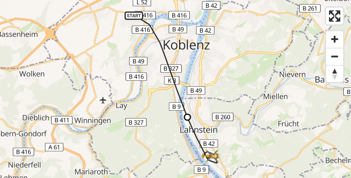 Flugroute Rettungshubschrauber Koblenz - Lahnstein, 09 Juli 2026, 13:56