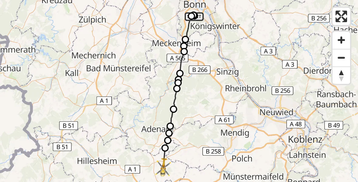 Flugroute Rettungshubschrauber Bonn University Hospital - Kolverath, 09 Juli 2026, 13:58