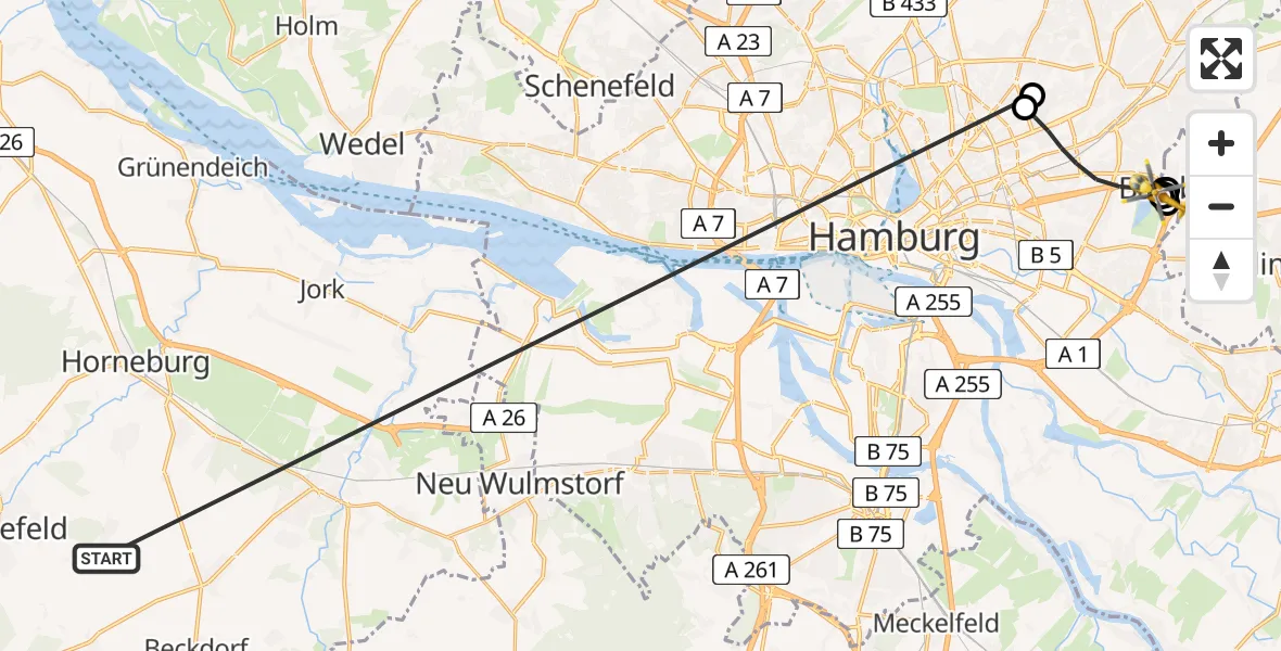 Flugroute Rettungshubschrauber Harsefeld - Hamburg, 09 Juli 2026, 14:01