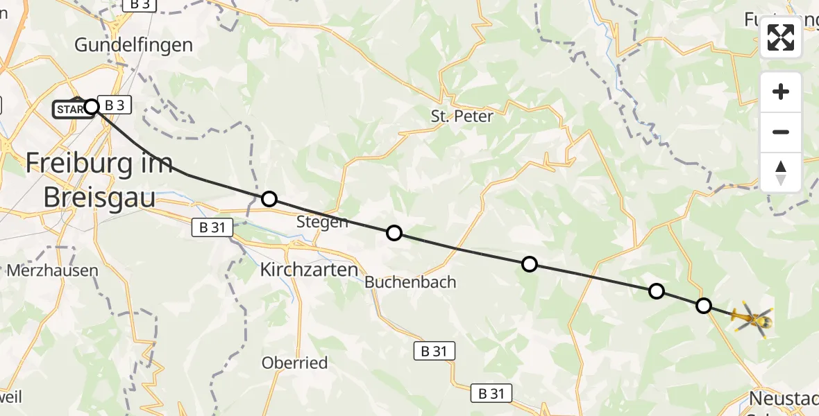 Flugroute Ambulanzhubschrauber Freiburg im Breisgau Flugplatz - Titisee-Neustadt, 09 Juli 2026, 14:02