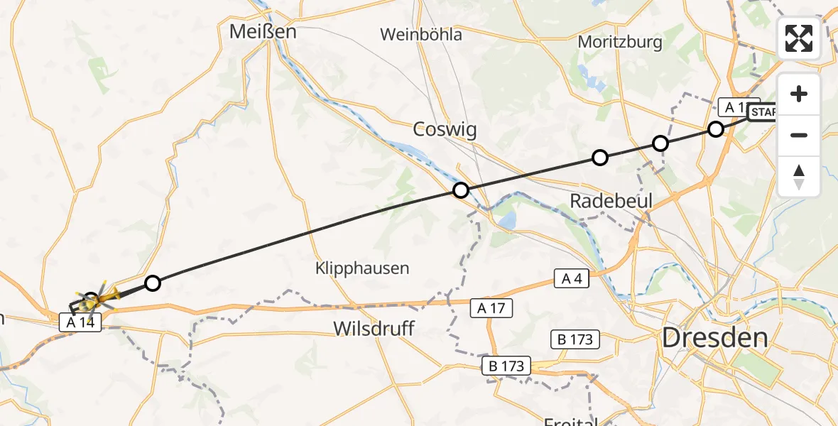 Flugroute Rettungshubschrauber Dresden Flughafen - Nossen, 09 Juli 2026, 14:05