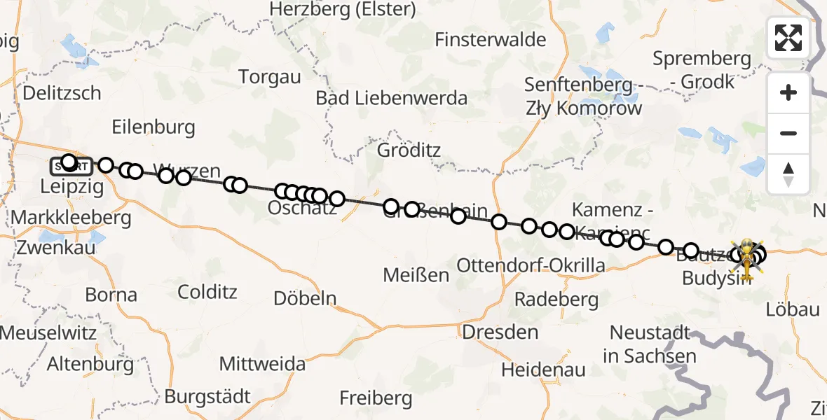 Flugroute Rettungshubschrauber Sankt Georg Hospital Leipzig Reserve - Bautzen Flugplatz, 09 Juli 2026, 14:05