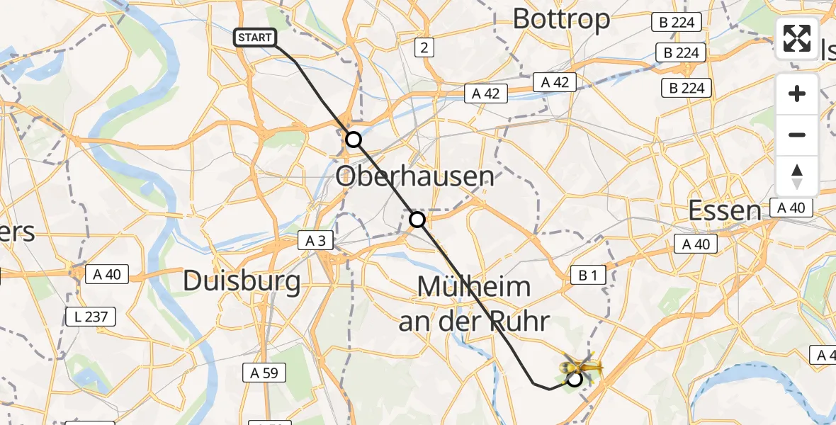 Flugroute Rettungshubschrauber Duisburg - Essen-Mülheim Flughafen, 09 Juli 2026, 14:06