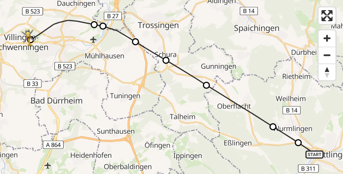 Flugroute Ambulanzhubschrauber Tuttlingen - DRF Air Rescue Station Villingen-Schwenningen Hubschrauberlandeplatz (Christoph 11), 09 Juli 2026, 14:10