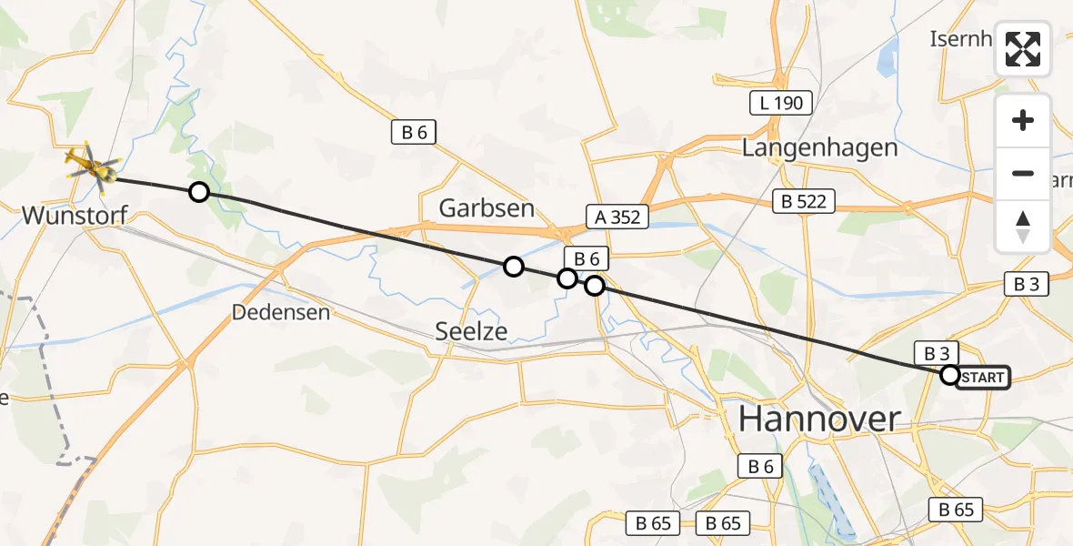 Flugroute Rettungshubschrauber Hannover Luftrettung Hubschrauberlandeplatz (Christoph 4) - Wunstorf, 09 Juli 2026, 14:14