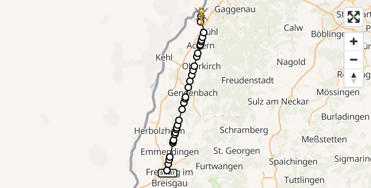 Flugroute Rettungshubschrauber Freiburg im Breisgau Flugplatz - Karlsruhe Baden-Baden Flughafen, 09 Juli 2026, 14:26