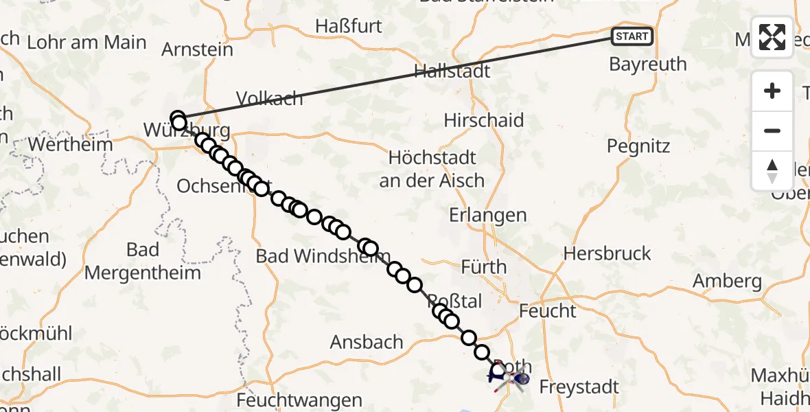 Flugroute Polizeihubschrauber Neudrossenfeld - Roth, 09 Juli 2026, 14:31