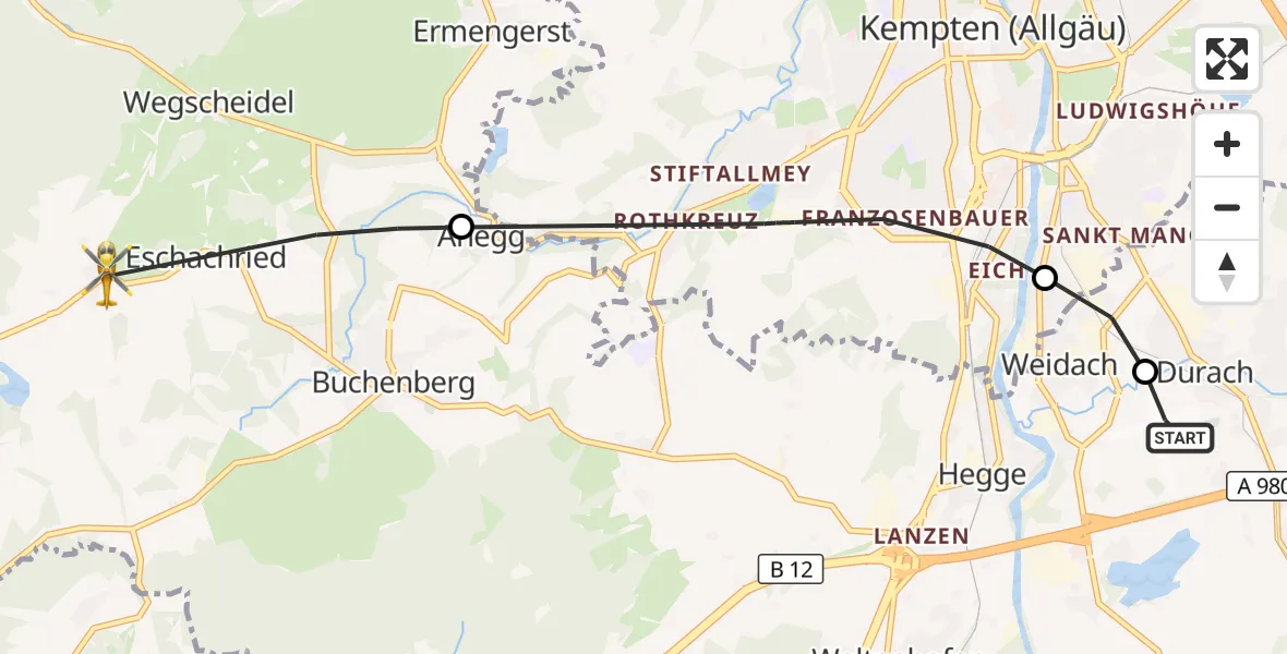 Flugroute Rettungshubschrauber Kempten-Durach Flugplatz - Buchenberg, 09 Juli 2026, 14:34