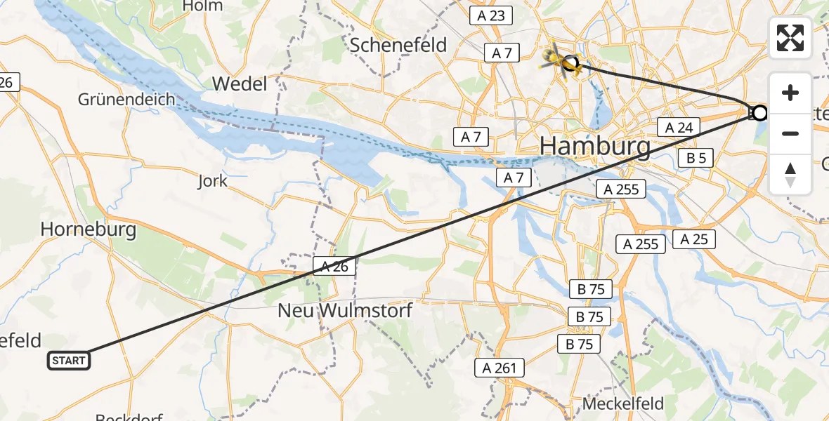 Flugroute Rettungshubschrauber Harsefeld - Universitätsklinikum Hamburg-Eppendorf Hubschrauberlandeplatz, 09 Juli 2026, 14:34
