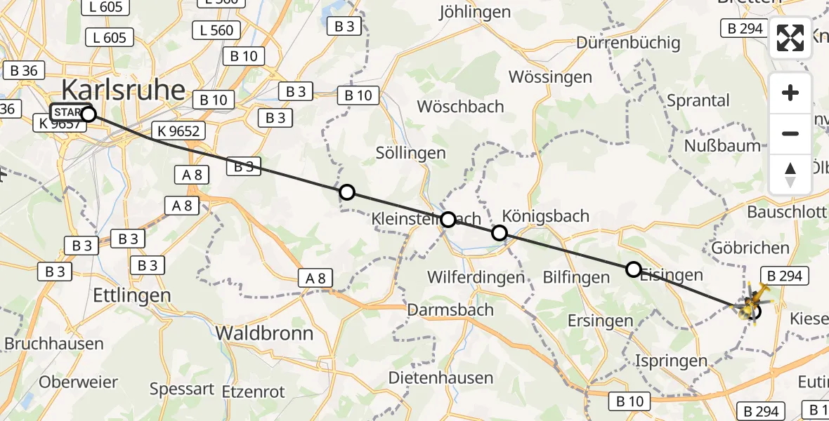 Flugroute Ambulanzhubschrauber Sankt Vincentius Hospital - Neulingen, 09 Juli 2026, 14:34