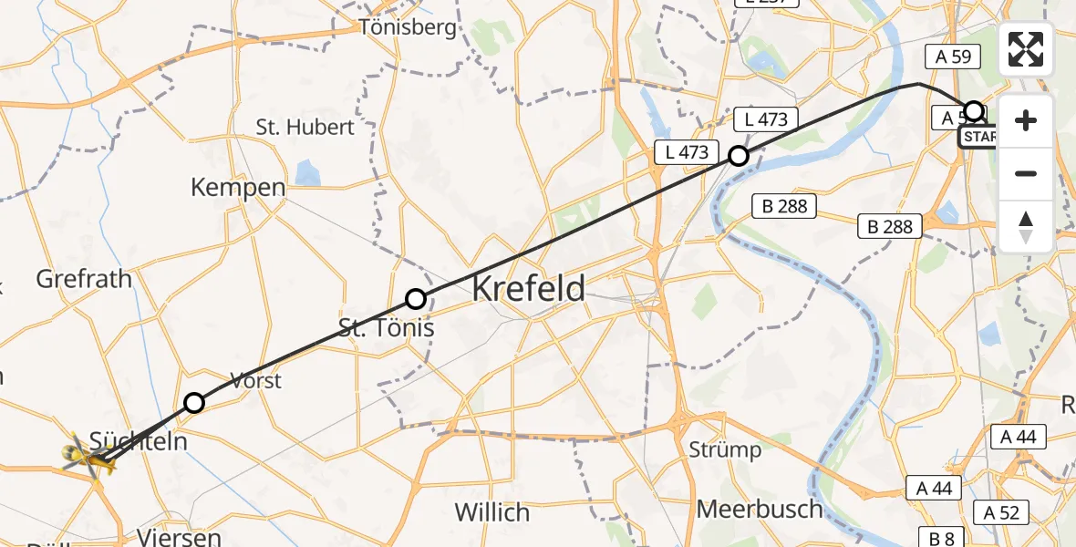 Flugroute Rettungshubschrauber Duisburg Air Rescue Hubschrauberlandeplatz (Christoph 9) - Viersen, 09 Juli 2026, 14:37