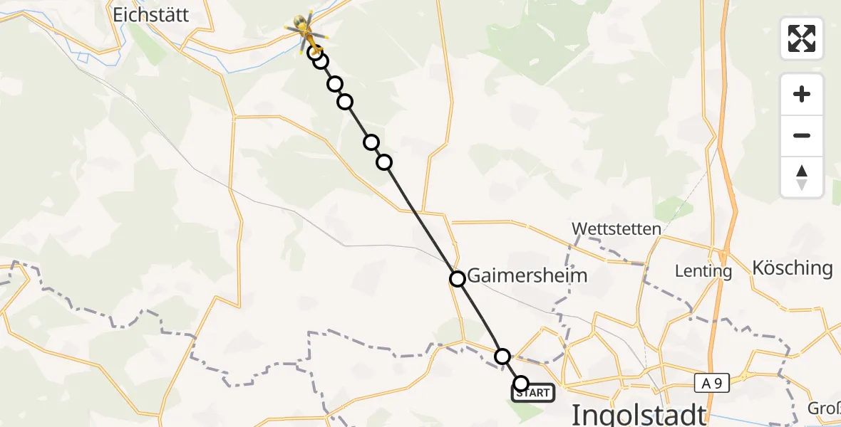 Flugroute Rettungshubschrauber Ingolstadt Hospital - Walting, 09 Juli 2026, 14:38