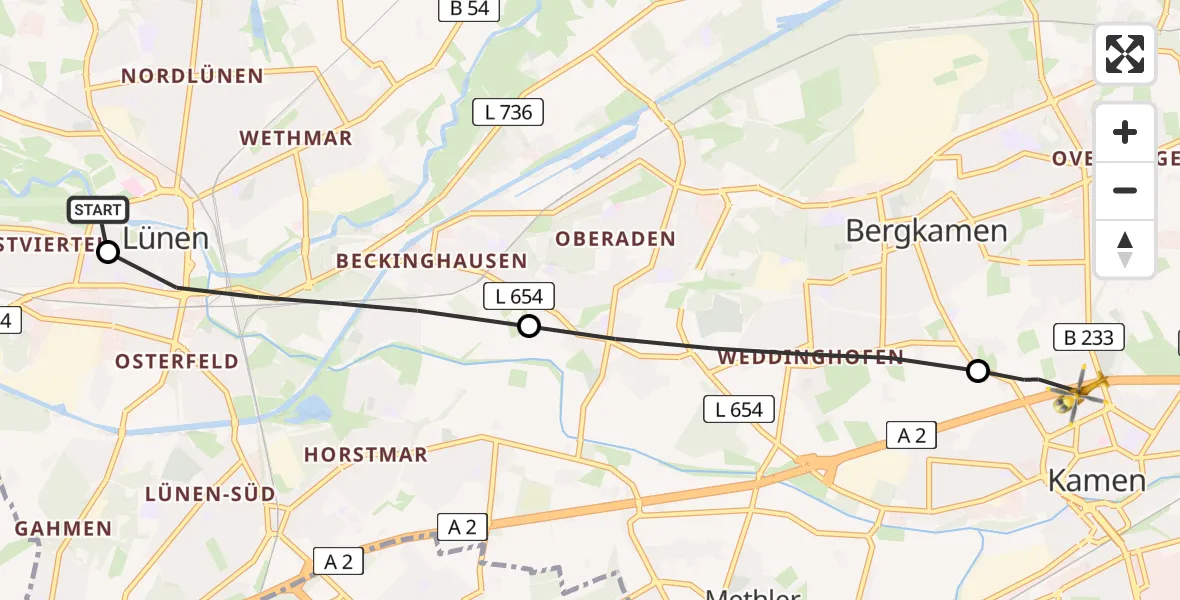 Flugroute Rettungshubschrauber Sankt Marien Hospital - Kamen, 09 Juli 2026, 14:40