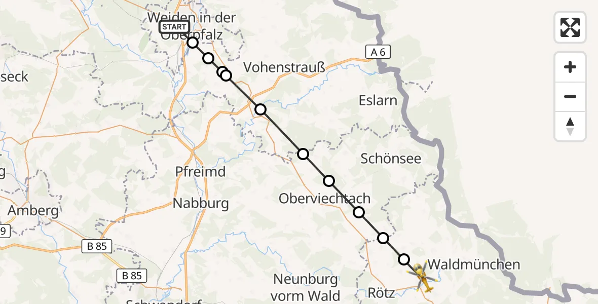 Flugroute Ambulanzhubschrauber Weiden i.d.OPf. - Schönthal, 09 Juli 2026, 14:41