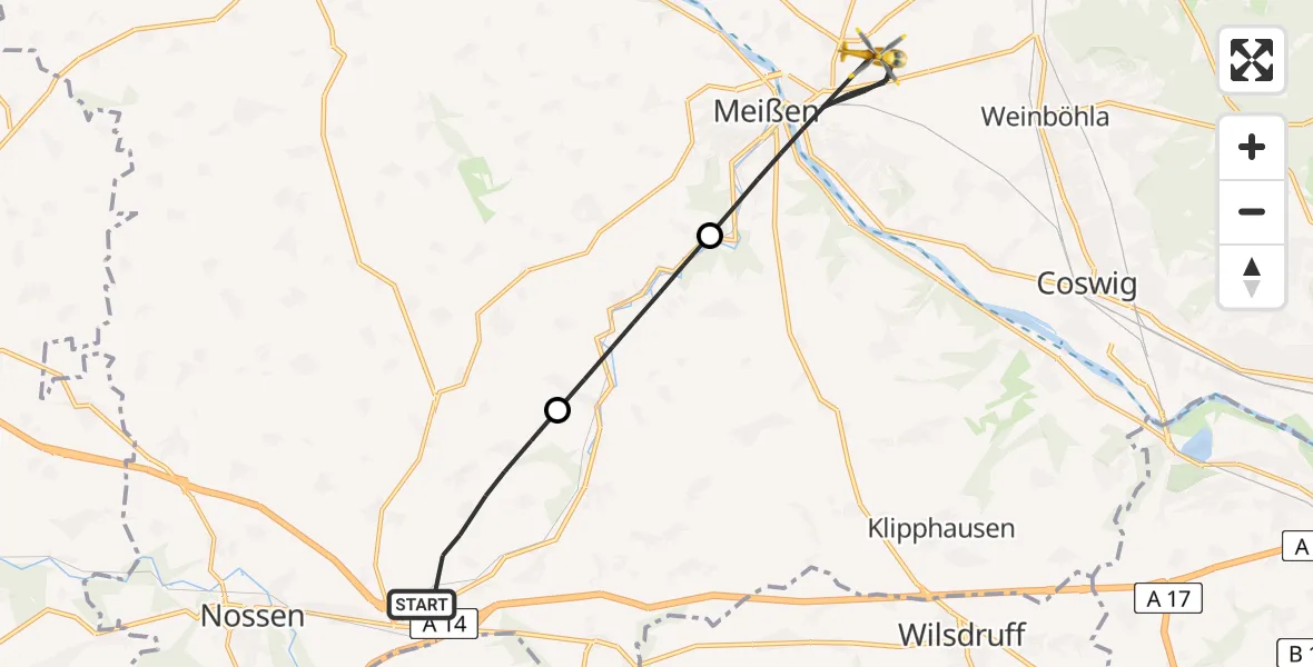 Flugroute Rettungshubschrauber Nossen - Meißen, 09 Juli 2026, 14:42