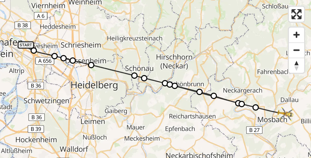 Flugroute Rettungshubschrauber Mannheim-City Flughafen - Elztal, 09 Juli 2026, 14:47