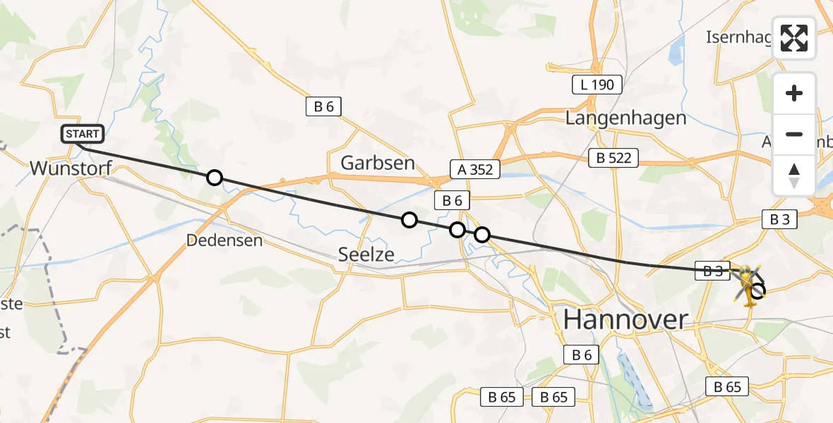 Flugroute Rettungshubschrauber Wunstorf - Hannover Luftrettung Hubschrauberlandeplatz (Christoph 4), 09 Juli 2026, 14:50