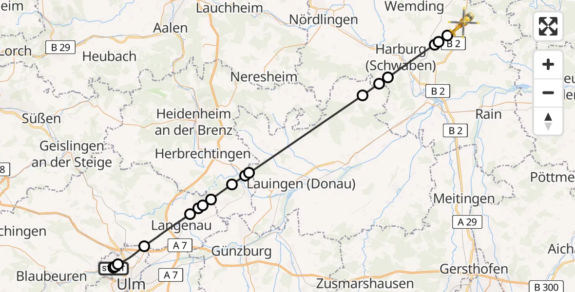 Flugroute Rettungshubschrauber Ulm Military Hospital Emergency - Monheim, 09 Juli 2026, 14:52
