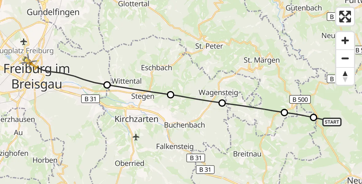Flugroute Ambulanzhubschrauber Titisee-Neustadt - Freiburg University Hospital Heliport 2, 09 Juli 2026, 14:54