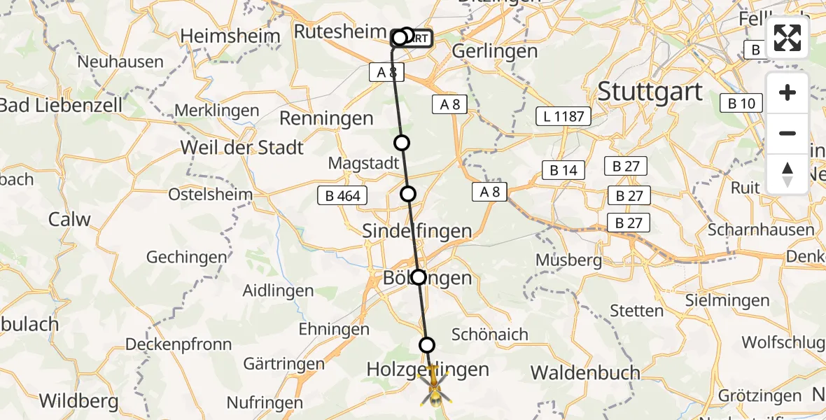 Flugroute Rettungshubschrauber Leonberg Hospital - Holzgerlingen, 09 Juli 2026, 14:55