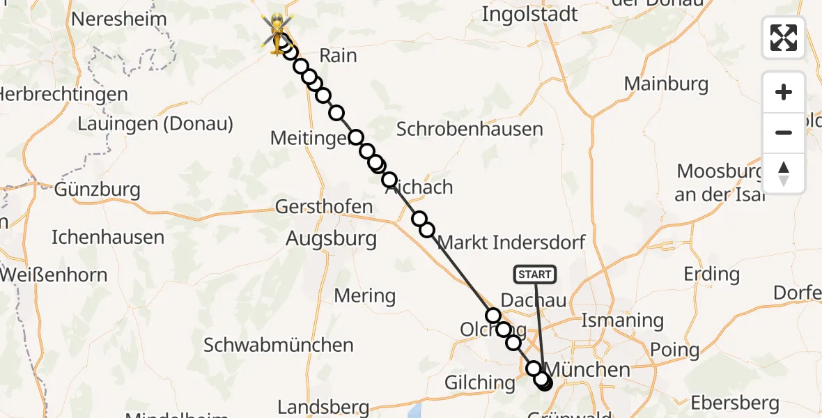 Flugroute Rettungshubschrauber Röhrmoos - Donauwörth, 09 Juli 2026, 14:56
