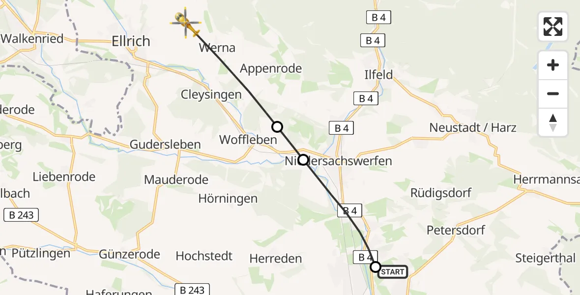 Flugroute Rettungshubschrauber Südharz Hospital Nordhausen - Ellrich, 09 Juli 2026, 14:57