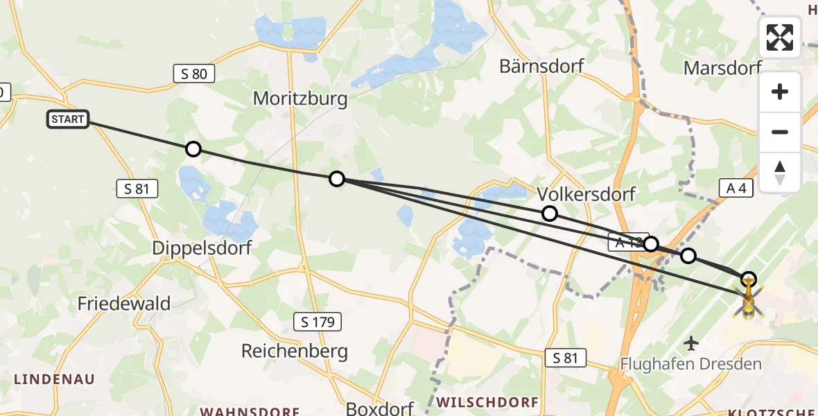 Flugroute Rettungshubschrauber Coswig - Dresden Bundespolizei Hubschrauberlandeplatz, 09 Juli 2026, 15:08