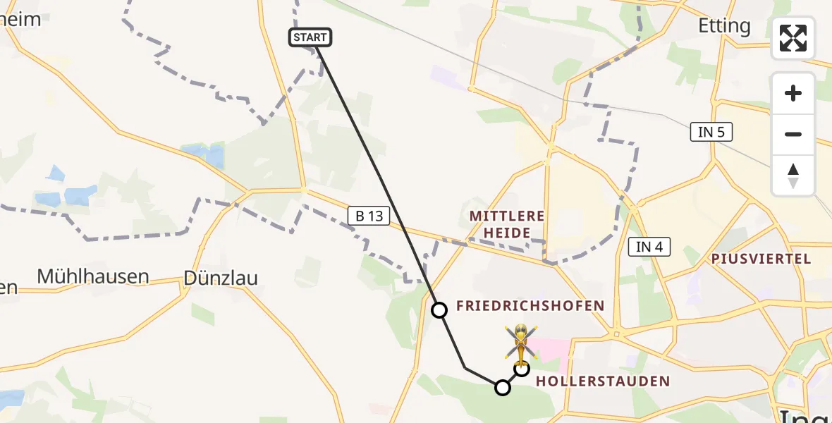Flugroute Rettungshubschrauber Gaimersheim - Ingolstadt Hospital, 09 Juli 2026, 15:08