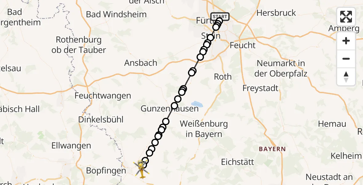 Flugroute Ambulanzhubschrauber Flughafen Nuremberg - Deiningen, 09 Juli 2026, 15:08