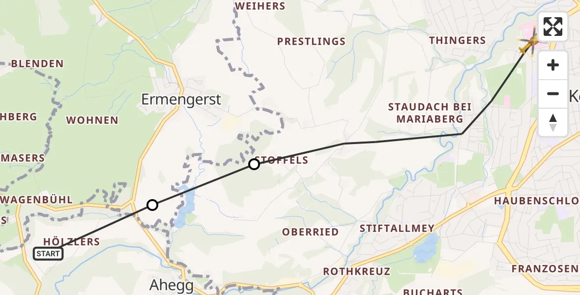 Flugroute Rettungshubschrauber Buchenberg - Kempten (Allgäu), 09 Juli 2026, 15:11