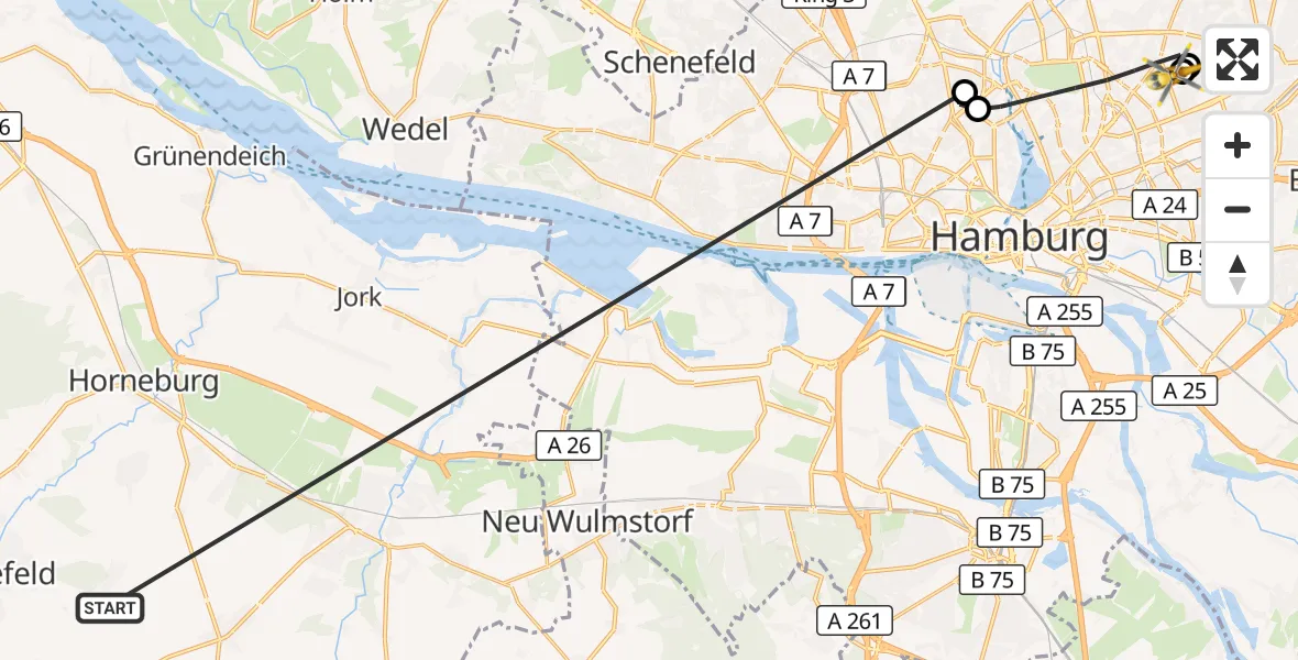 Flugroute Rettungshubschrauber Harsefeld - Hamburg Military Hospital, 09 Juli 2026, 15:11