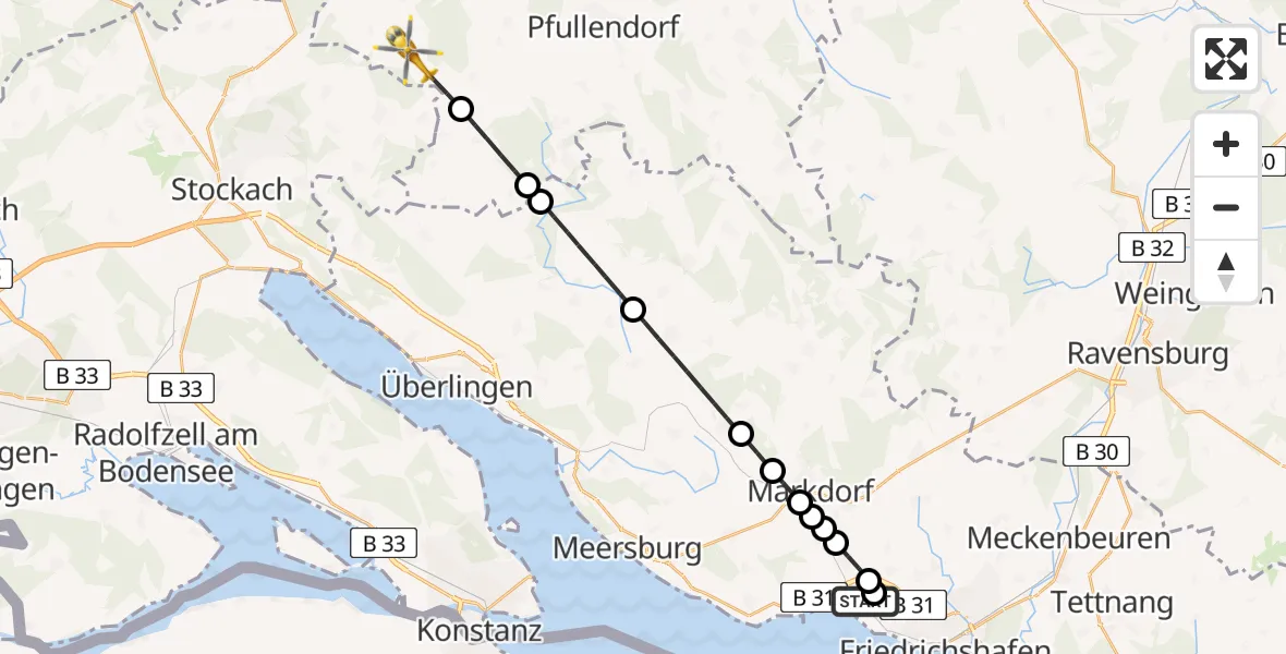 Flugroute Rettungshubschrauber Friedrichshafen Hospital - Wald, 09 Juli 2026, 15:12